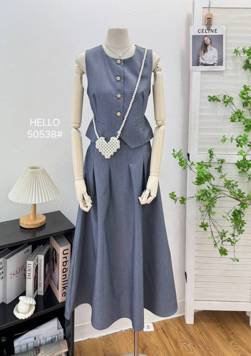 Casual Single Breasted Vest With Mid Length Skirts